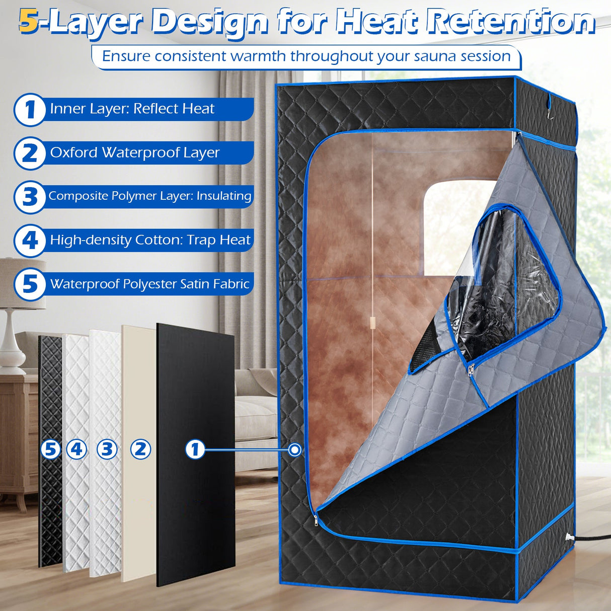 Caja de Sauna de Vapor Portátil con Vaporizador de Calentamiento Rápido de 3L/1200W y 15 Niveles de Temperatura
