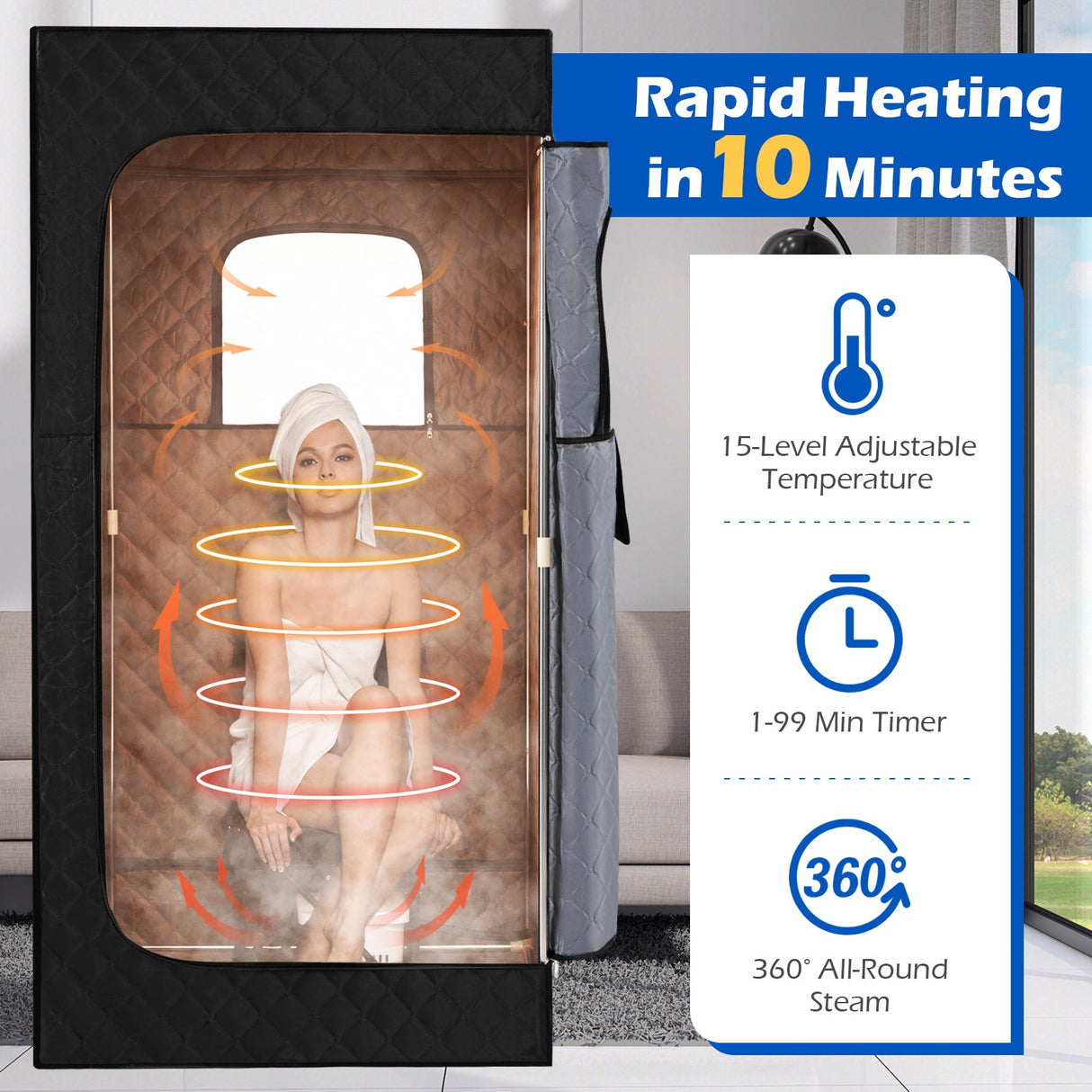 Caja de Sauna de Vapor Portátil con Vaporizador de Calentamiento Rápido de 3L/1200W y 15 Niveles de Temperatura