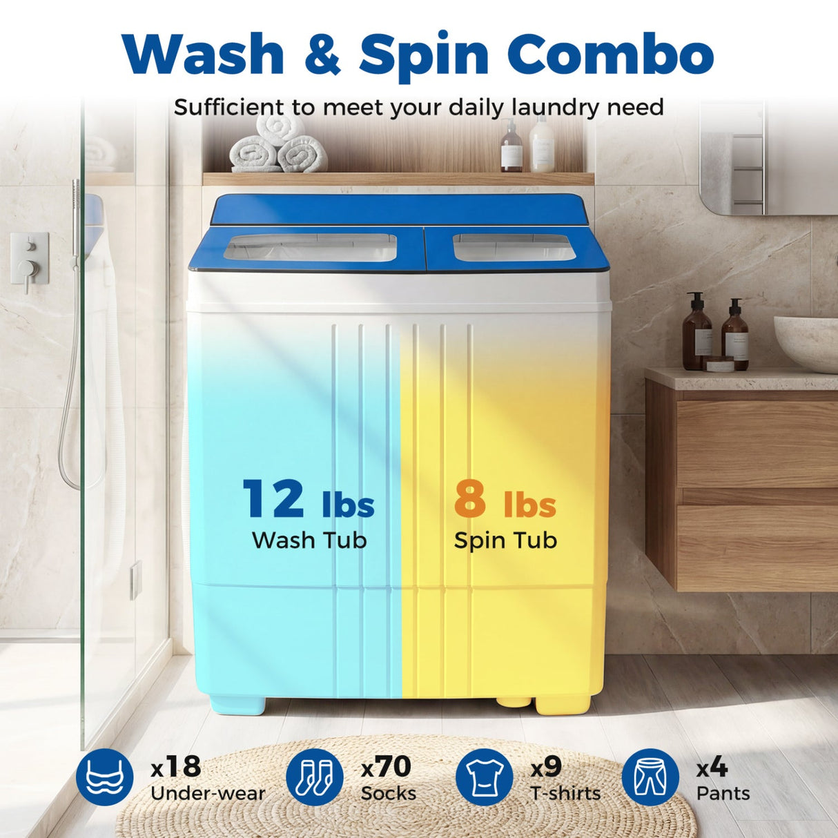 Lavadora portátil con combo de lavadora de 12 libras y centrifugadora de 8 libras para apartamentos
