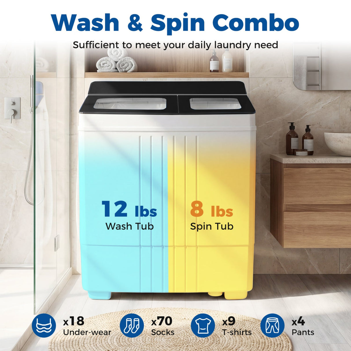 Lavadora portátil con combo de lavadora de 12 libras y centrifugadora de 8 libras para apartamentos