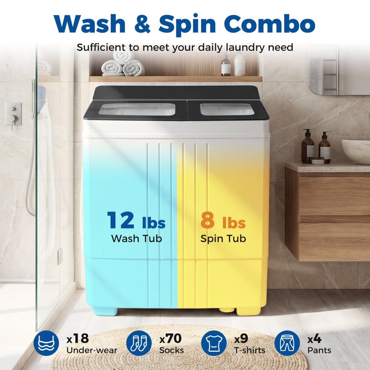Lavadora portátil con combo de lavadora de 12 libras y centrifugadora de 8 libras para apartamentos