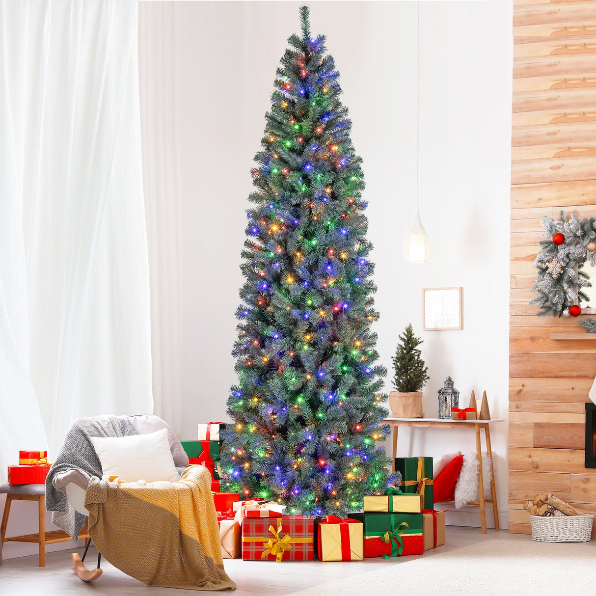 Árbol de Navidad artificial azul preiluminado delgado con 9 modos de iluminación