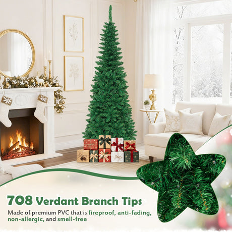 4.5 ft Pre-Lit Premium Hinged Artificial Fir Pencil Christmas Tree with LED Lights