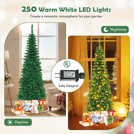 4.5 ft Pre-Lit Premium Hinged Artificial Fir Pencil Christmas Tree with LED Lights