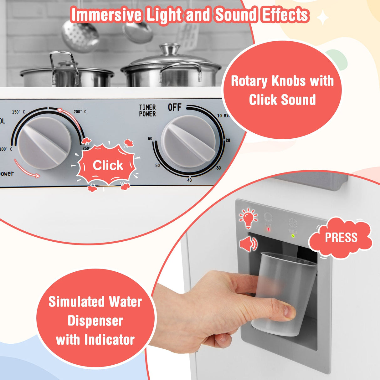 Juego de cocina de madera de juguete para simulación, juego de accesorios de cocina con luces y sonidos reales