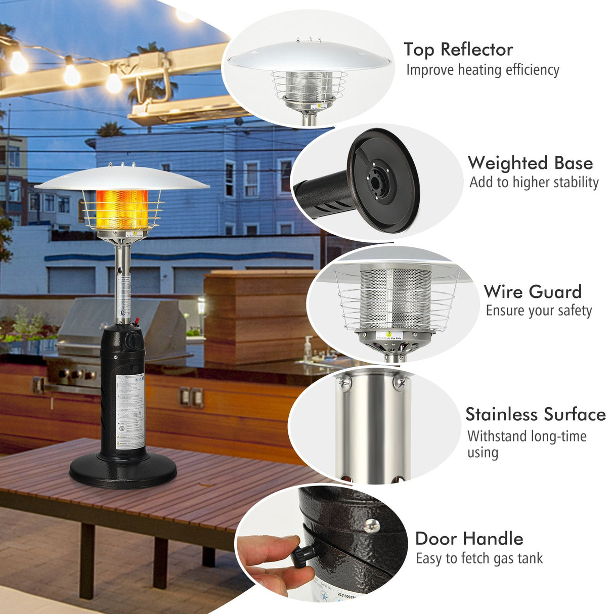 Calefactor de patio de pie portátil de mesa de propano de 11 000 BTU