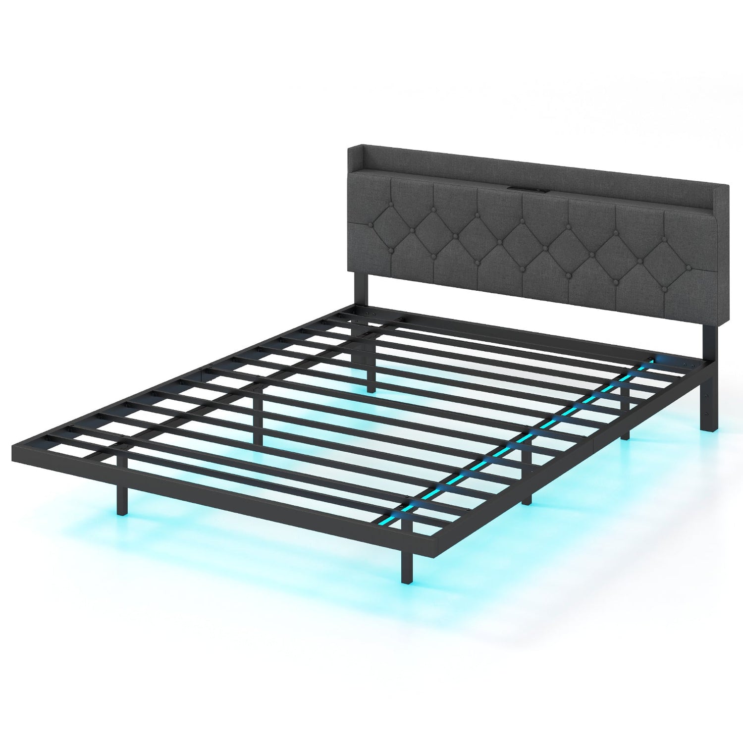 Estructura de Cama Flotante Tamaño Matrimonial/Queen con LED, Cabecera y Estación de Carga