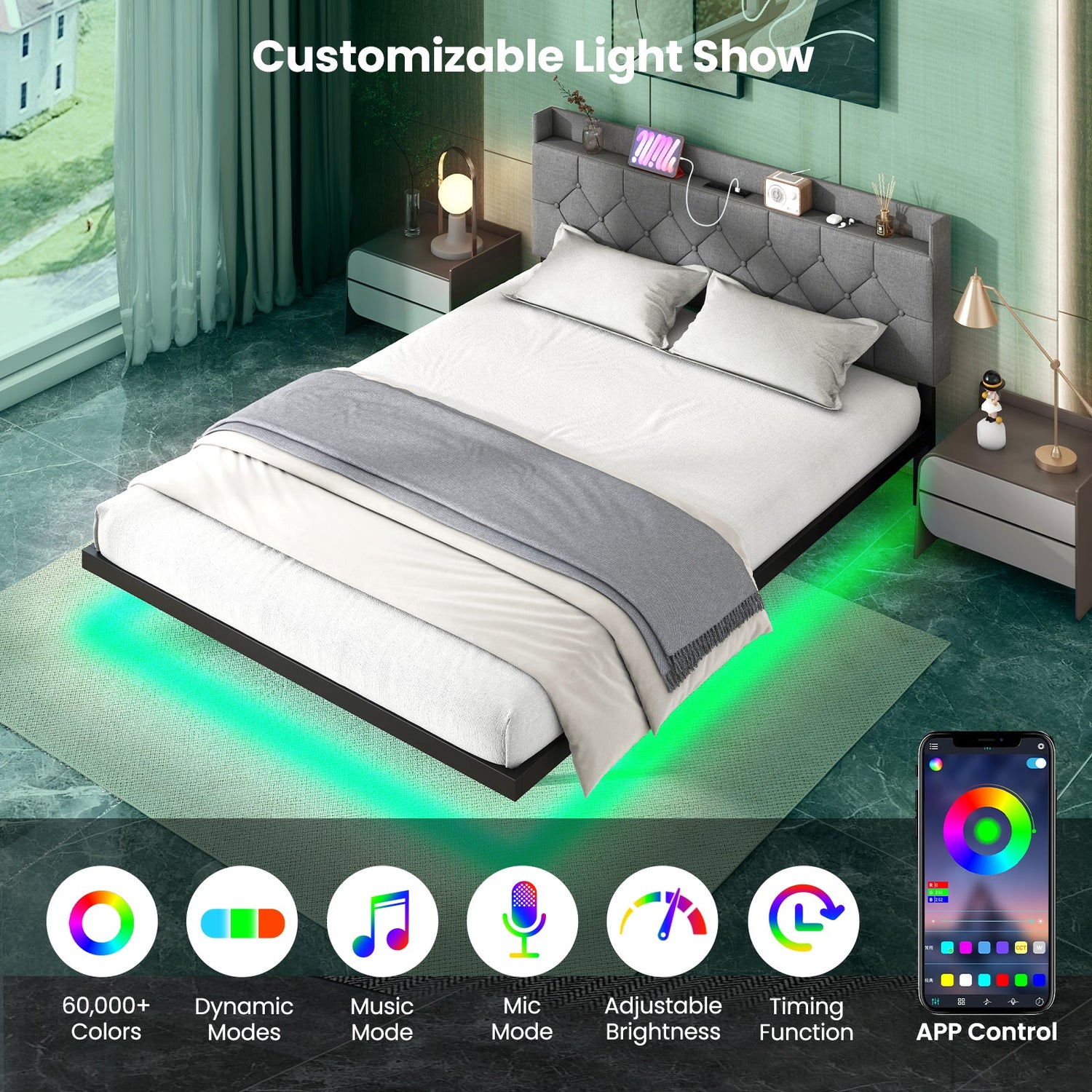 Estructura de Cama Flotante Tamaño Matrimonial/Queen con LED, Cabecera y Estación de Carga