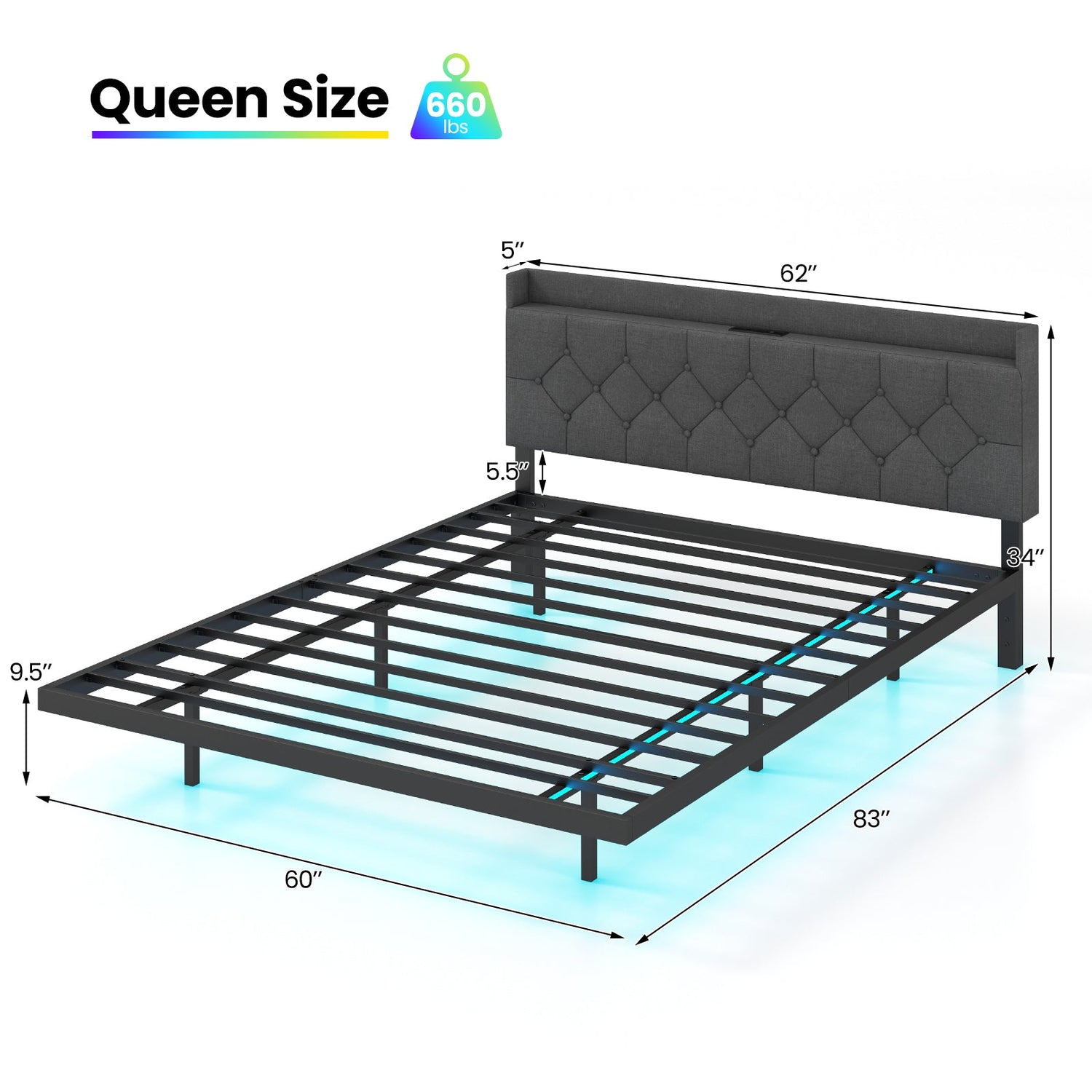 Estructura de Cama Flotante Tamaño Matrimonial/Queen con LED, Cabecera y Estación de Carga