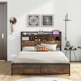 Full/Queen Size Bed Frame with 3-Tier Bookcase Headboard and Charging Station