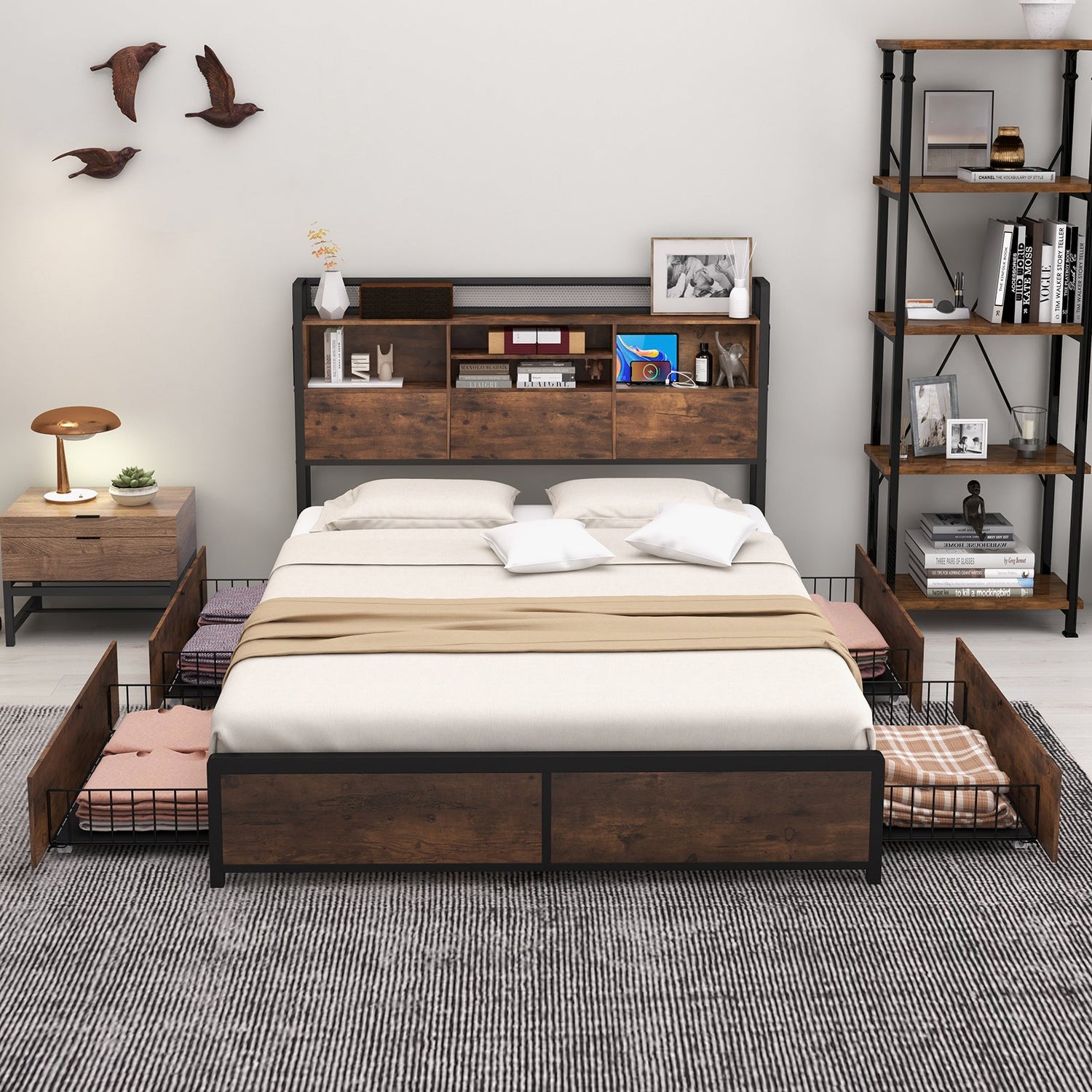 Base de cama de matrimonio/queen con cabecero librero y 4 cajones de almacenamiento