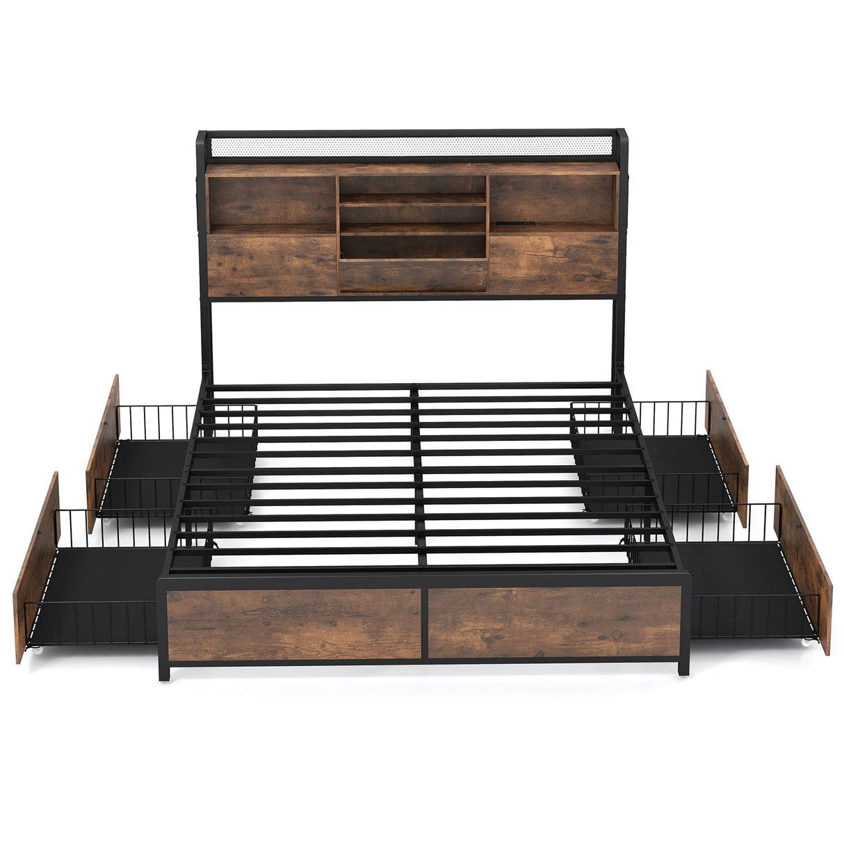 Base de cama de matrimonio/queen con cabecero librero y 4 cajones de almacenamiento