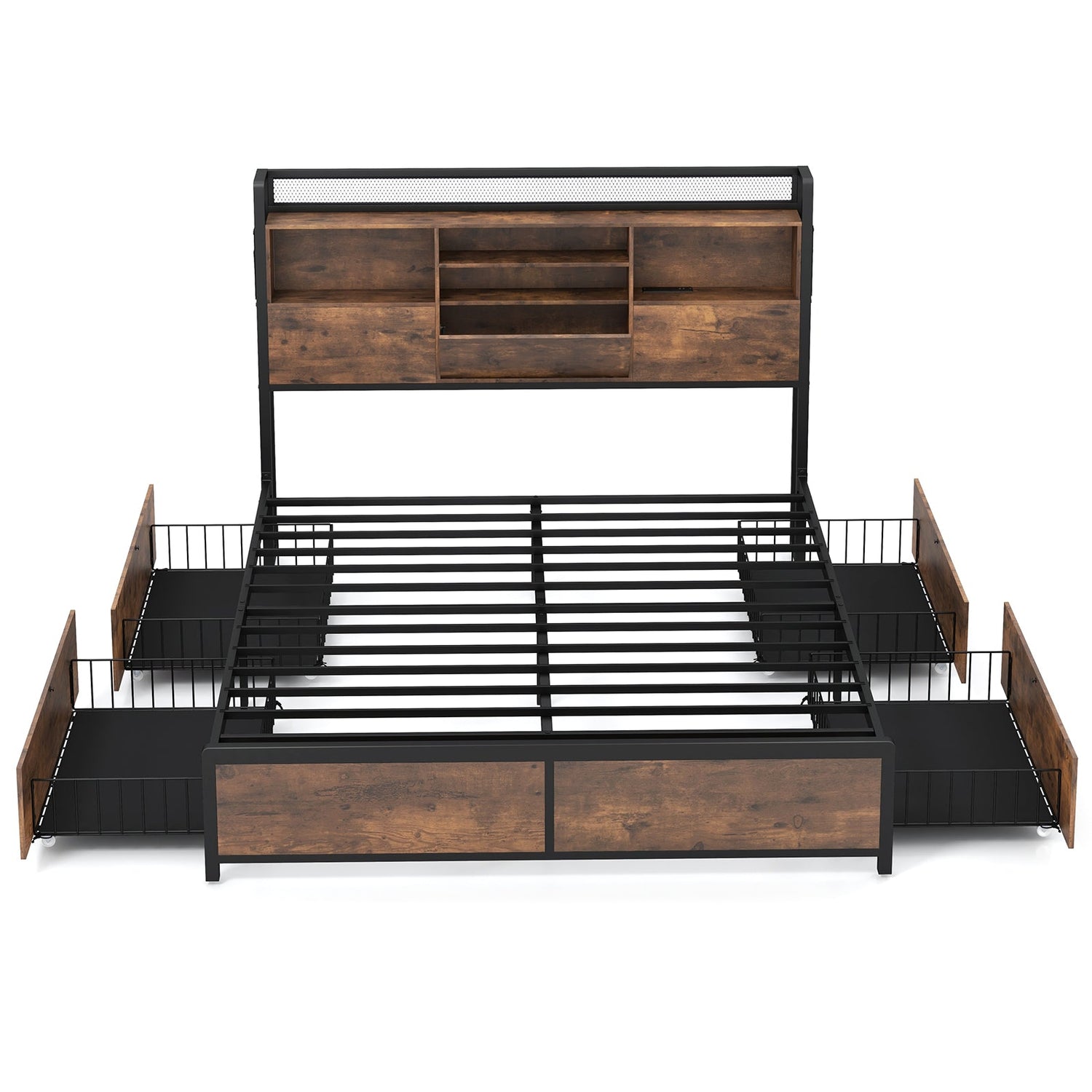 Base de cama de matrimonio/queen con cabecero librero y 4 cajones de almacenamiento