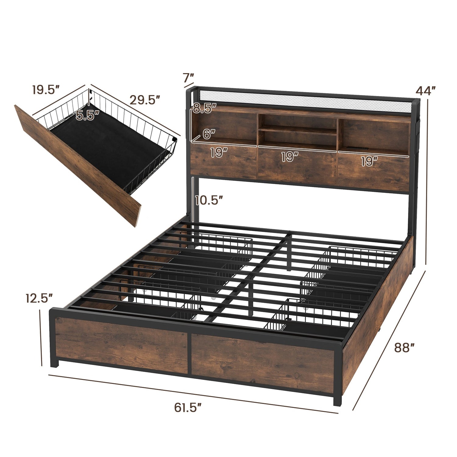 Base de cama de matrimonio/queen con cabecero librero y 4 cajones de almacenamiento
