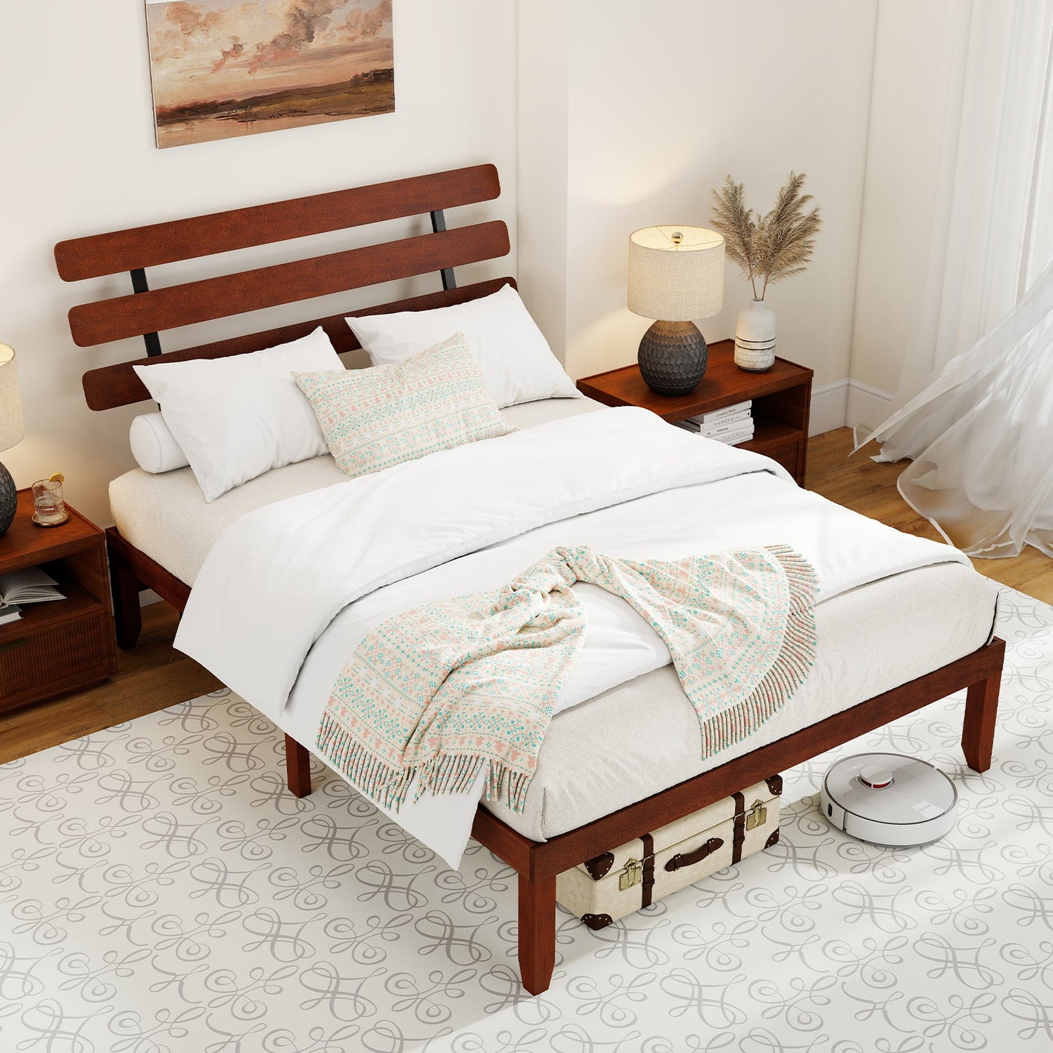 Base de cama de tamaño matrimonial de 15.5 pulgadas de madera maciza con cabecero retro