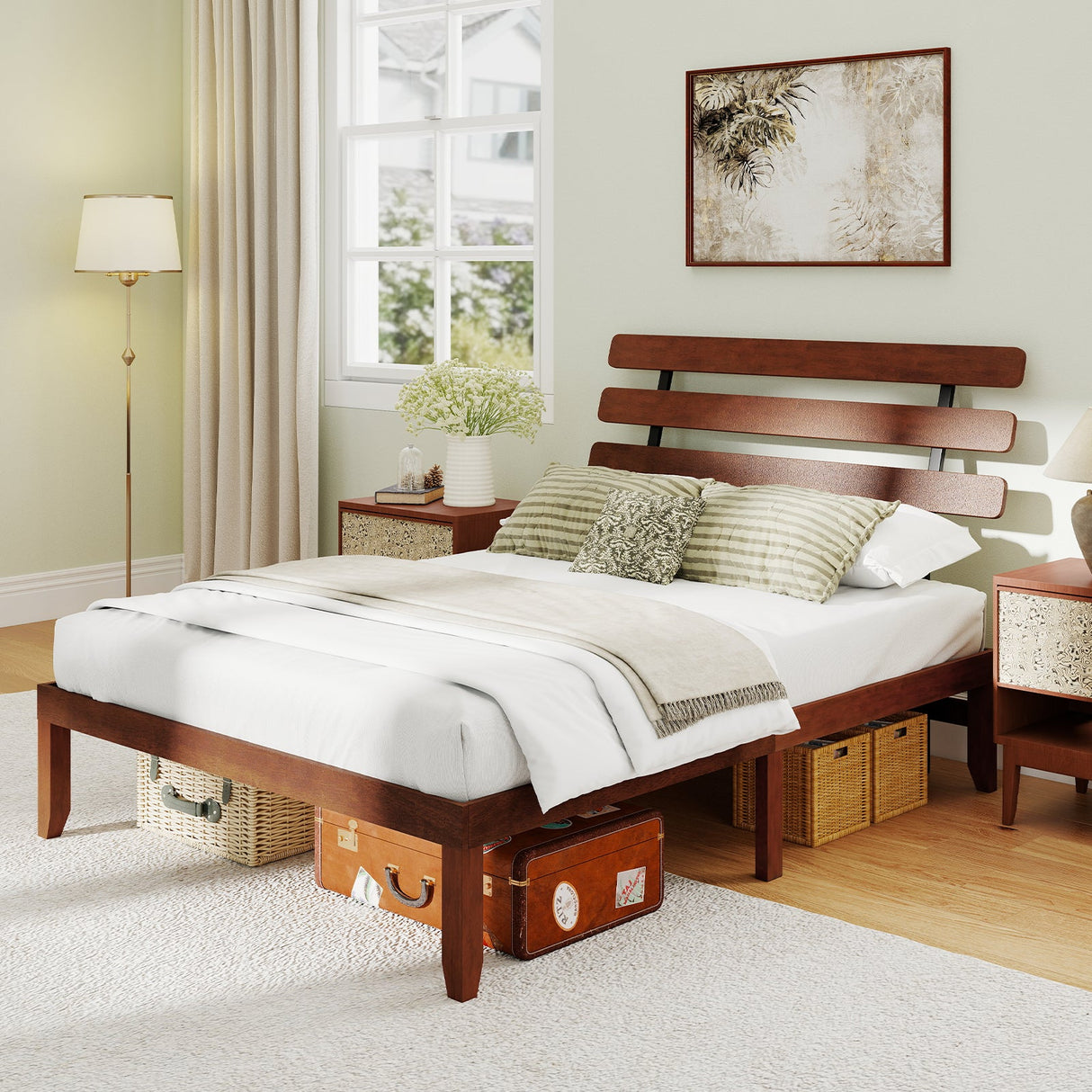 Base de cama de tamaño matrimonial de 15.5 pulgadas de madera maciza con cabecero retro