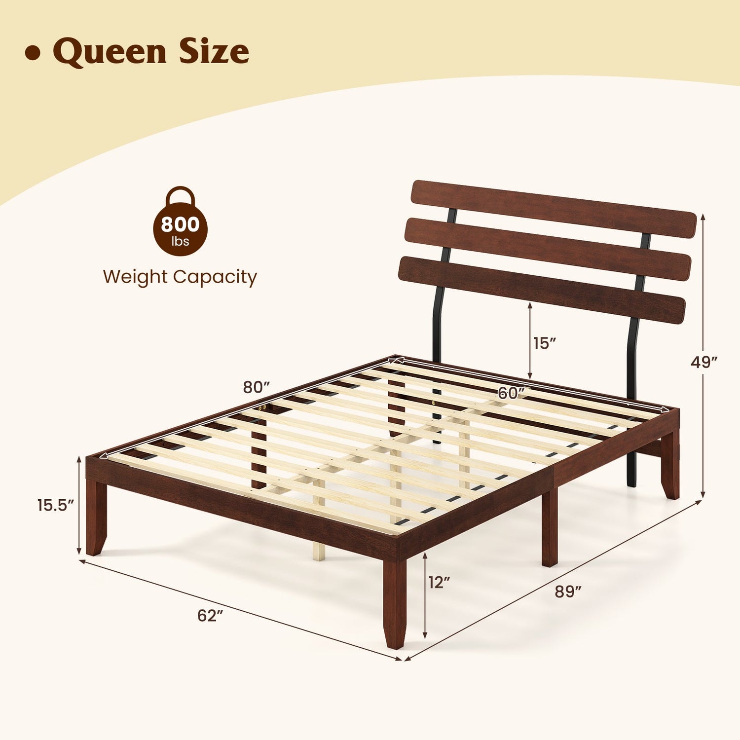 Base de cama de tamaño matrimonial de 15.5 pulgadas de madera maciza con cabecero retro