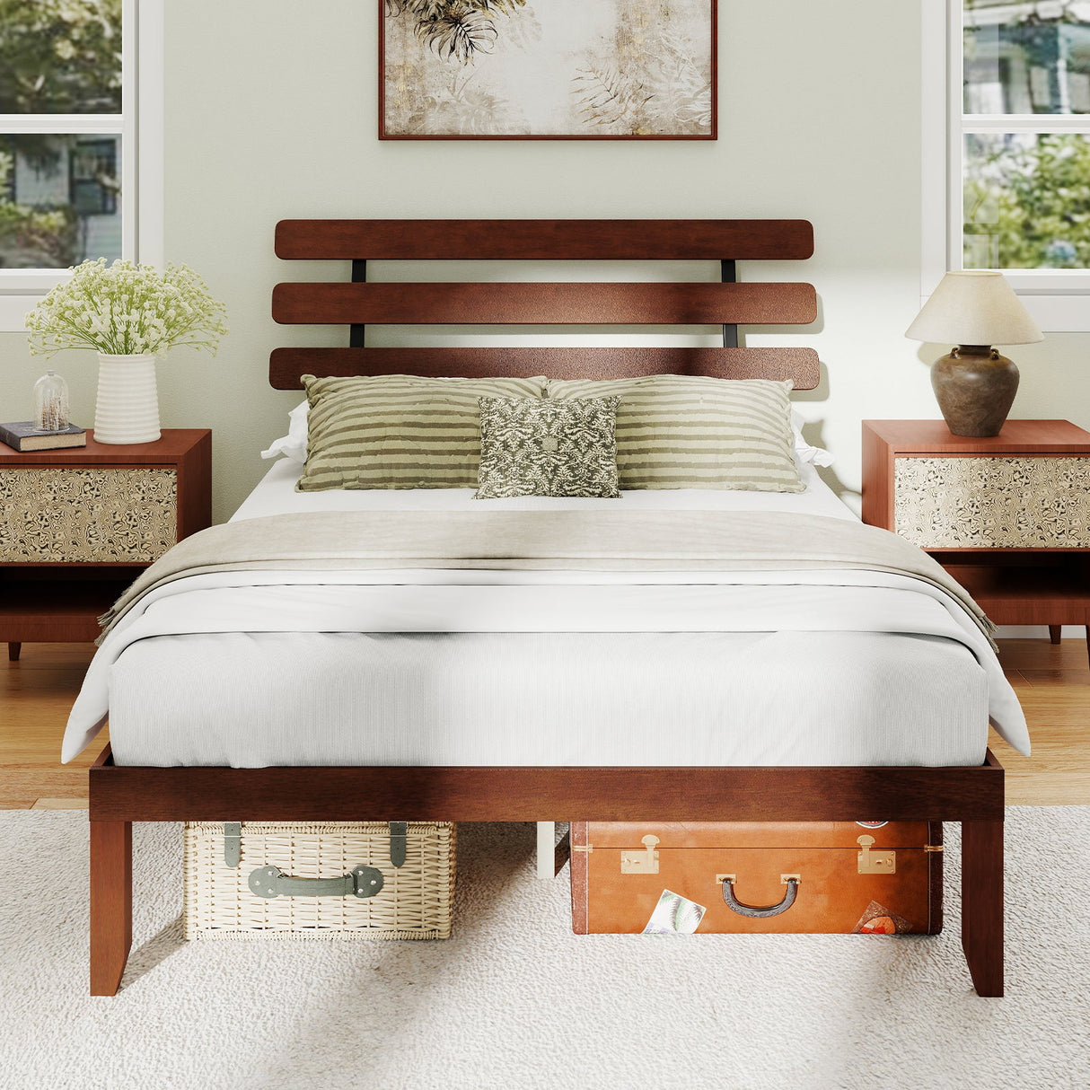 Base de cama de tamaño matrimonial de 15.5 pulgadas de madera maciza con cabecero retro