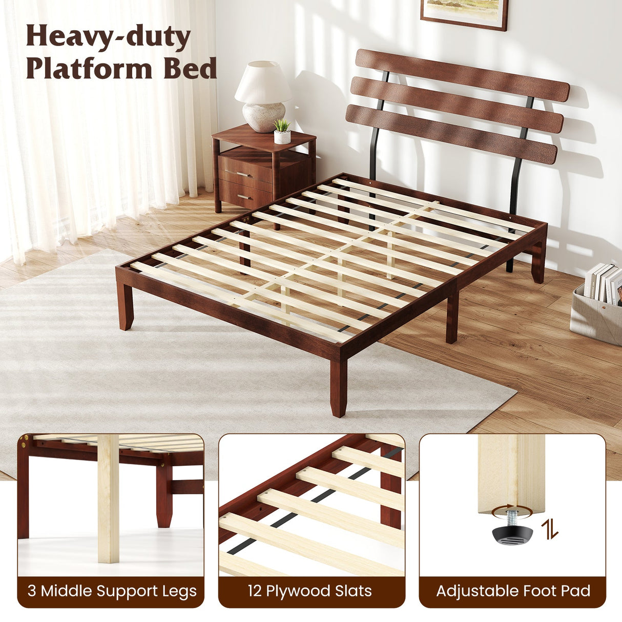 Base de cama de tamaño matrimonial de 15.5 pulgadas de madera maciza con cabecero retro
