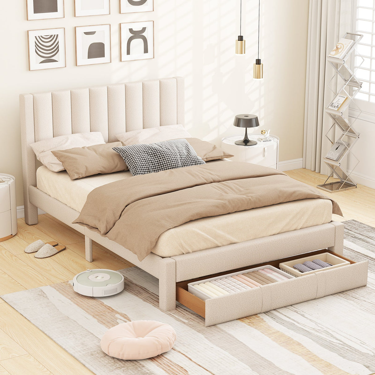 Base de cama tamaño Queen con cajón de almacenamiento y cabecero con canales verticales
