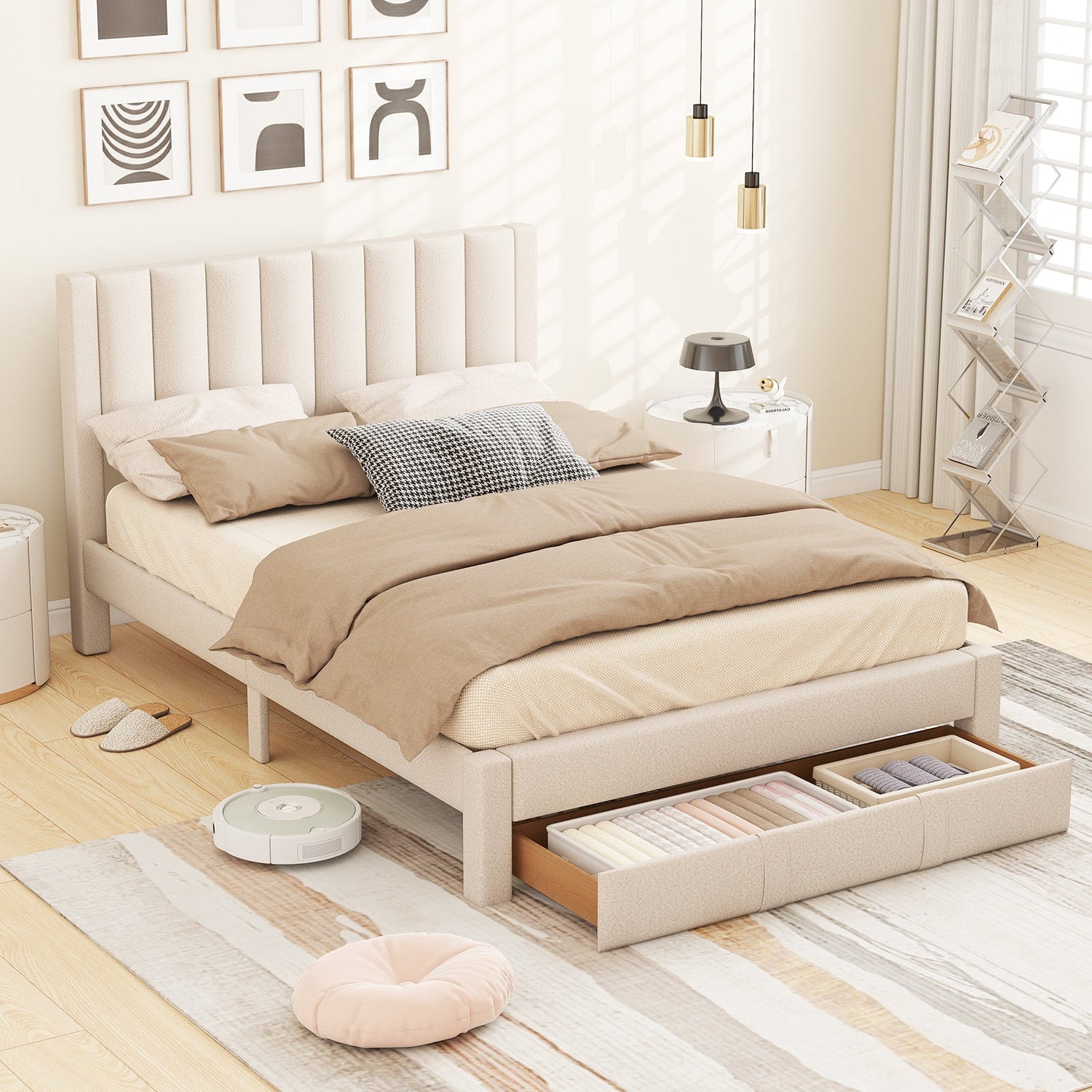 Base de cama tamaño Queen con cajón de almacenamiento y cabecero con canales verticales