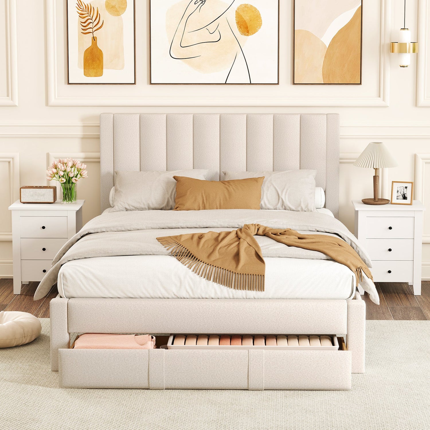 Base de cama tamaño Queen con cajón de almacenamiento y cabecero con canales verticales