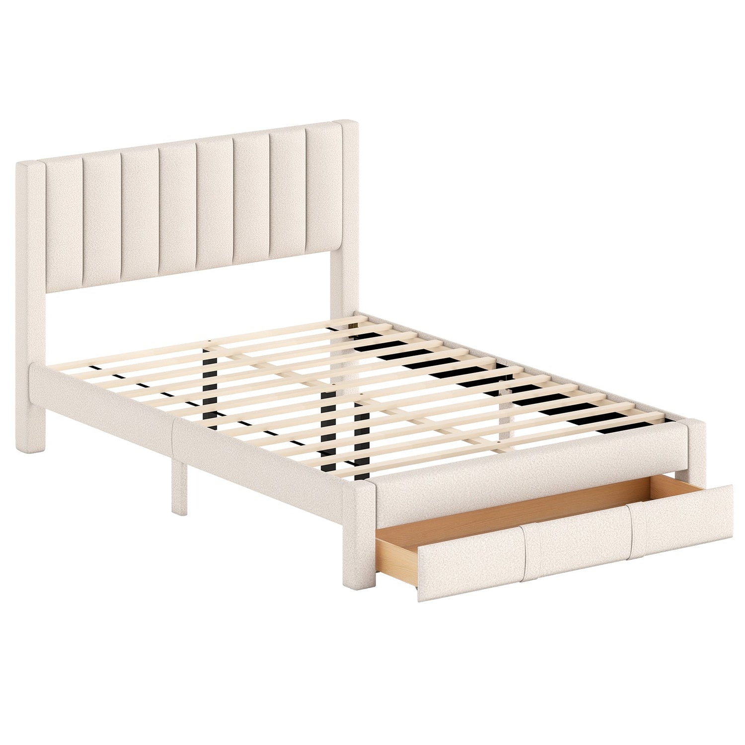 Base de cama tamaño Queen con cajón de almacenamiento y cabecero con canales verticales