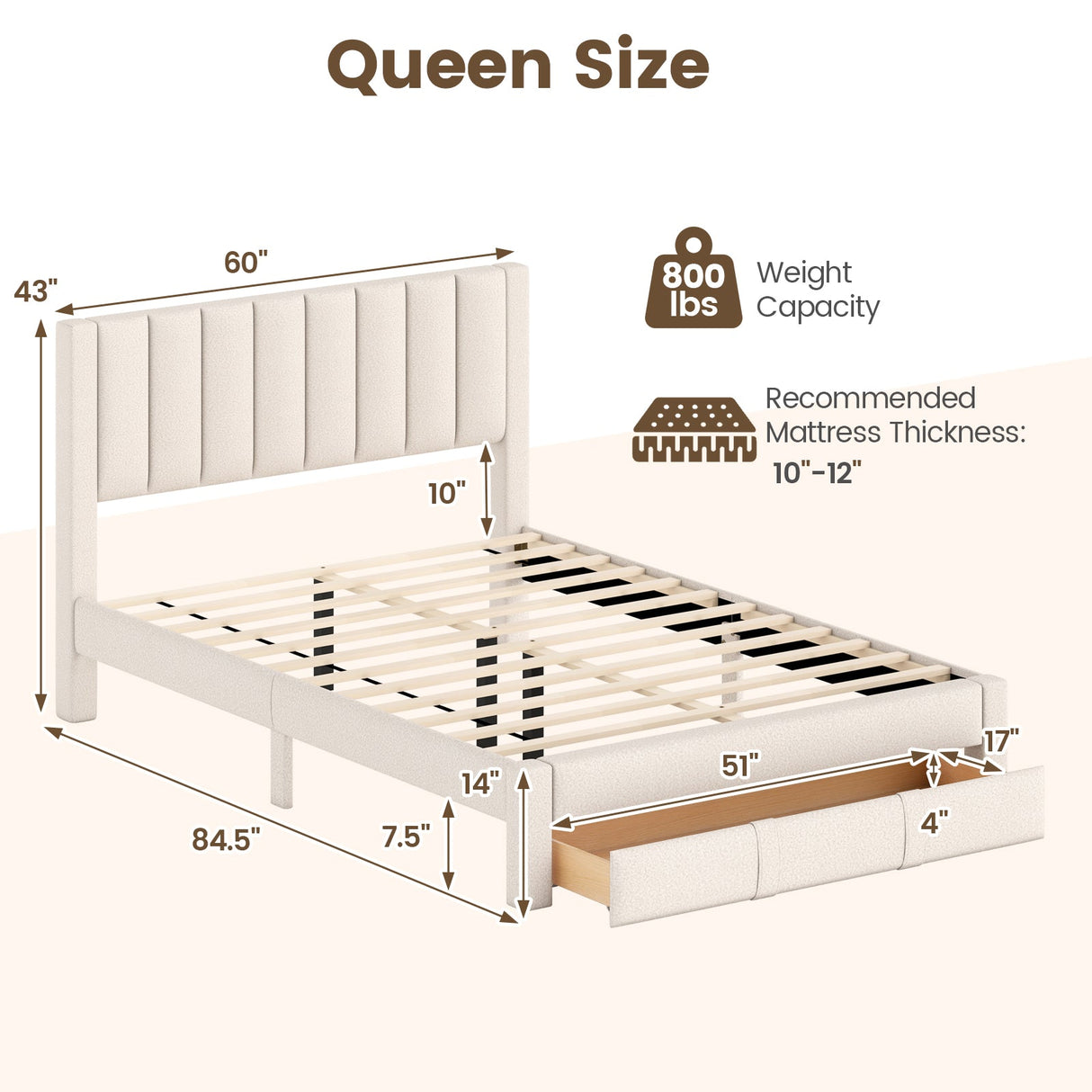 Base de cama tamaño Queen con cajón de almacenamiento y cabecero con canales verticales