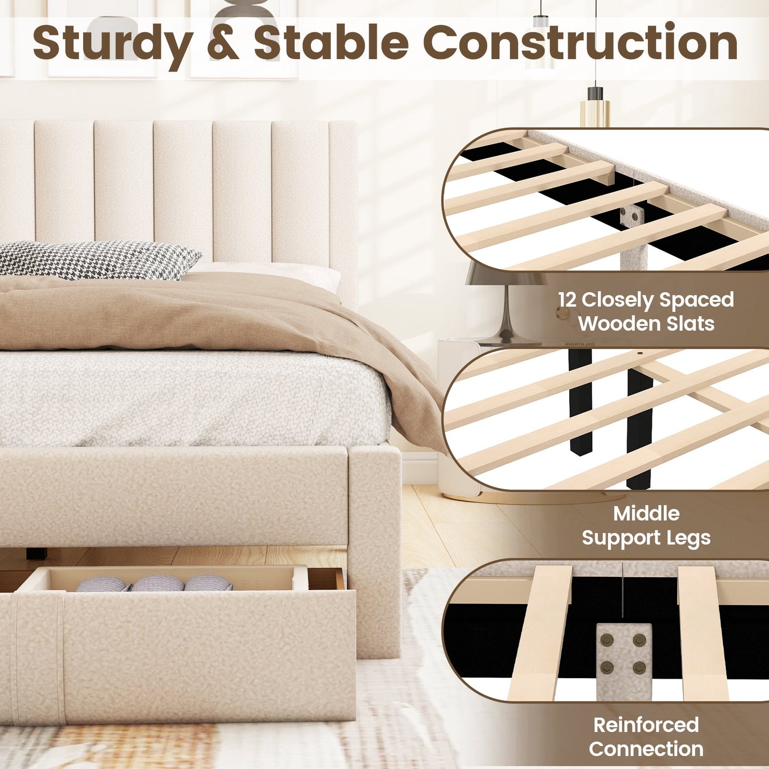 Base de cama tamaño Queen con cajón de almacenamiento y cabecero con canales verticales