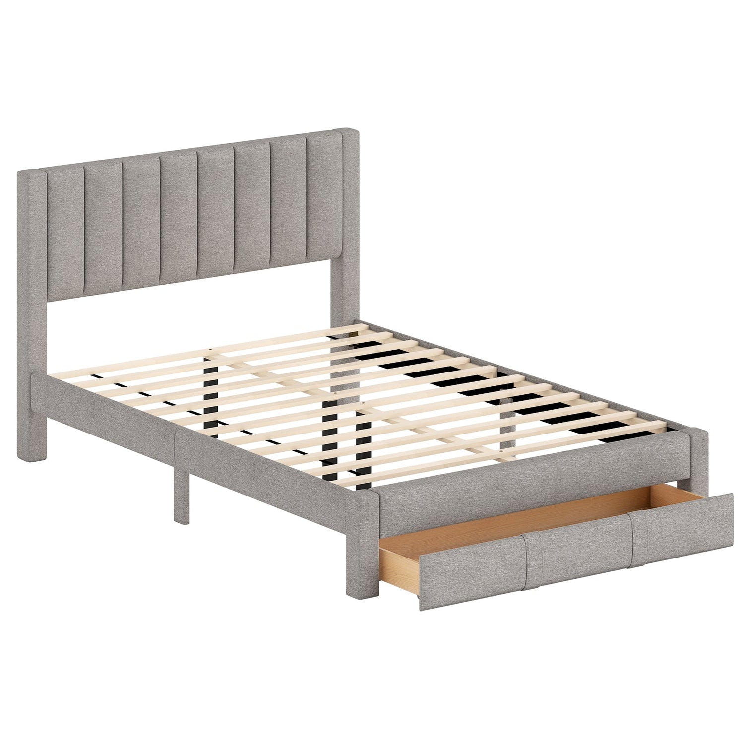 Base de cama tamaño Queen con cajón de almacenamiento y cabecero con canales verticales