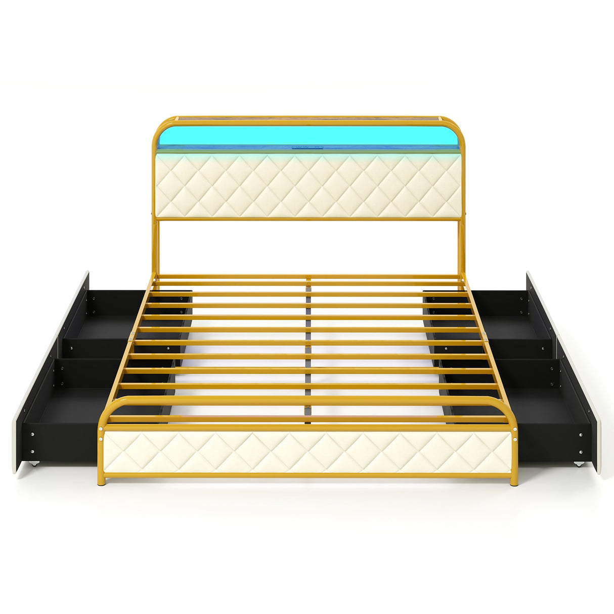 Twin/Full/Queen Size Bed Frame with LED Lights and Charging Station Gold