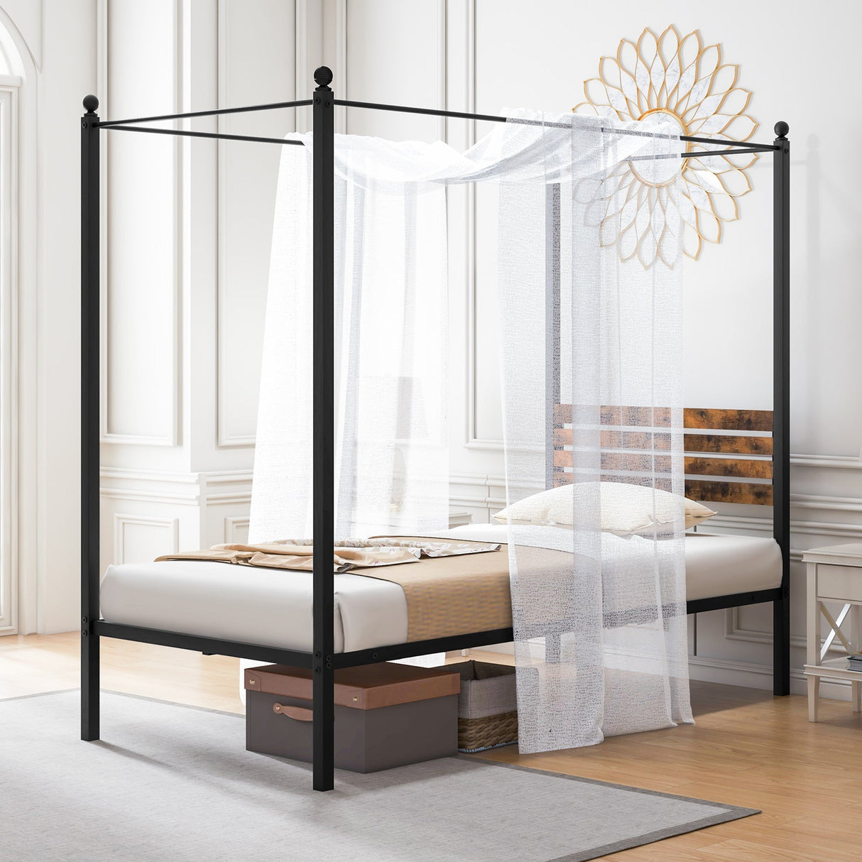 Base de cama con dosel tamaño queen con almacenamiento debajo de la cama