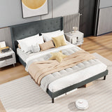 Base de cama tapizada Queen Size con cabecero capitoné con alas y soporte de listones de madera para colchón - Gris
