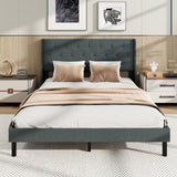 Base de cama tapizada Queen Size con cabecero capitoné con alas y soporte de listones de madera para colchón - Gris
