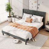 Base de cama tapizada Queen Size con cabecero capitoné con alas y soporte de listones de madera para colchón - Gris