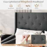 Base de cama tapizada Queen Size con cabecero capitoné con alas y soporte de listones de madera para colchón - Gris