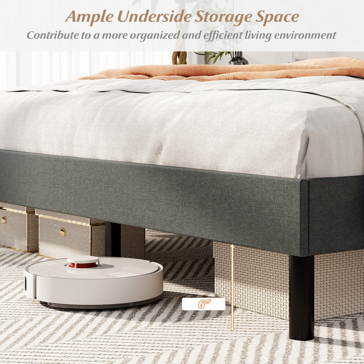 Base de cama tapizada Queen Size con cabecero capitoné con alas y soporte de listones de madera para colchón - Gris