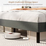 Base de cama tapizada Queen Size con cabecero capitoné con alas y soporte de listones de madera para colchón - Gris
