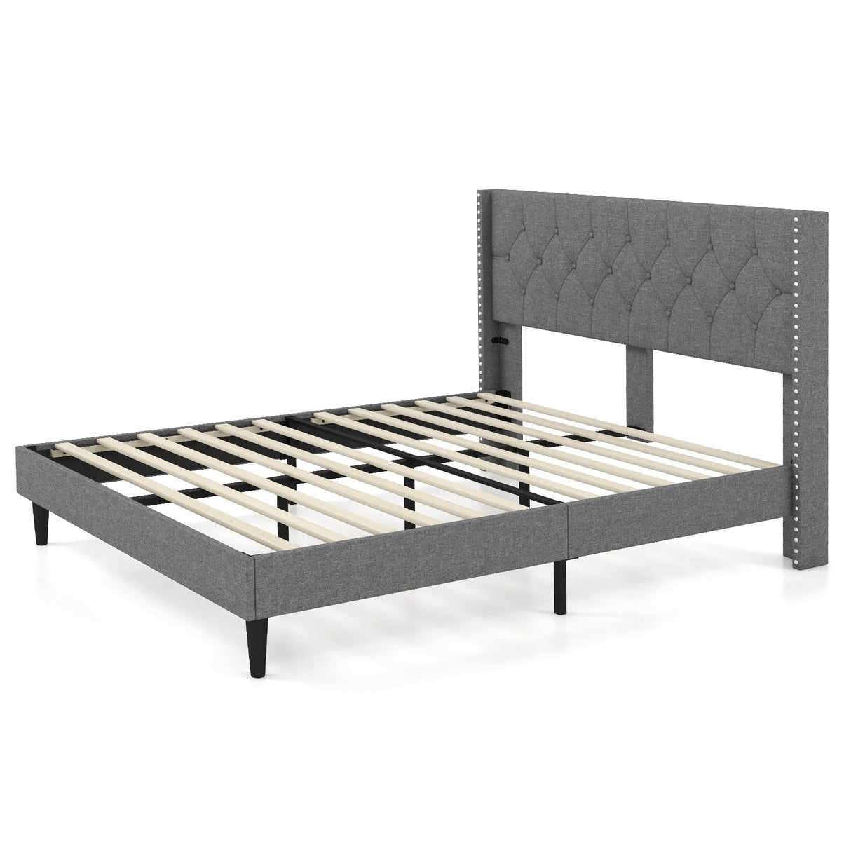 Cama de plataforma tapizada tamaño matrimonial/queen con cabecero con botones capitoné