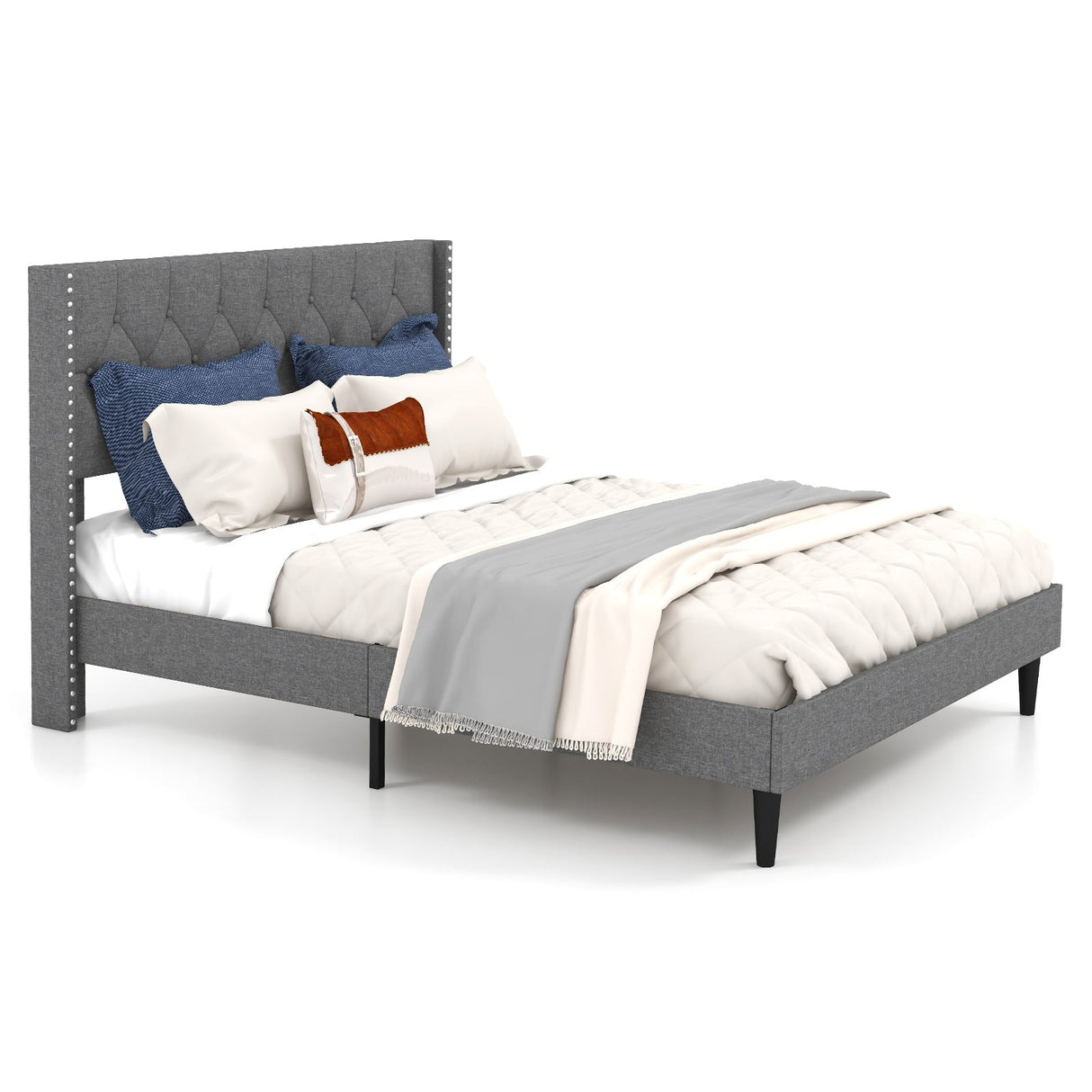 Cama de plataforma tapizada tamaño matrimonial/queen con cabecero con botones capitoné