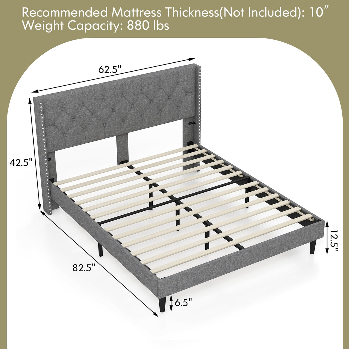Cama de plataforma tapizada tamaño matrimonial/queen con cabecero con botones capitoné