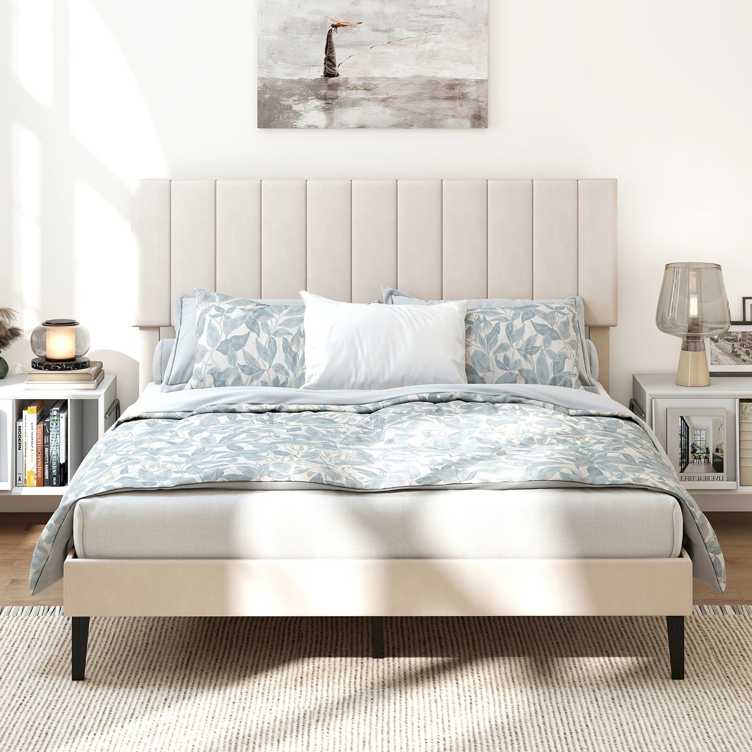 Base de cama de plataforma tapizada en terciopelo tamaño matrimonial