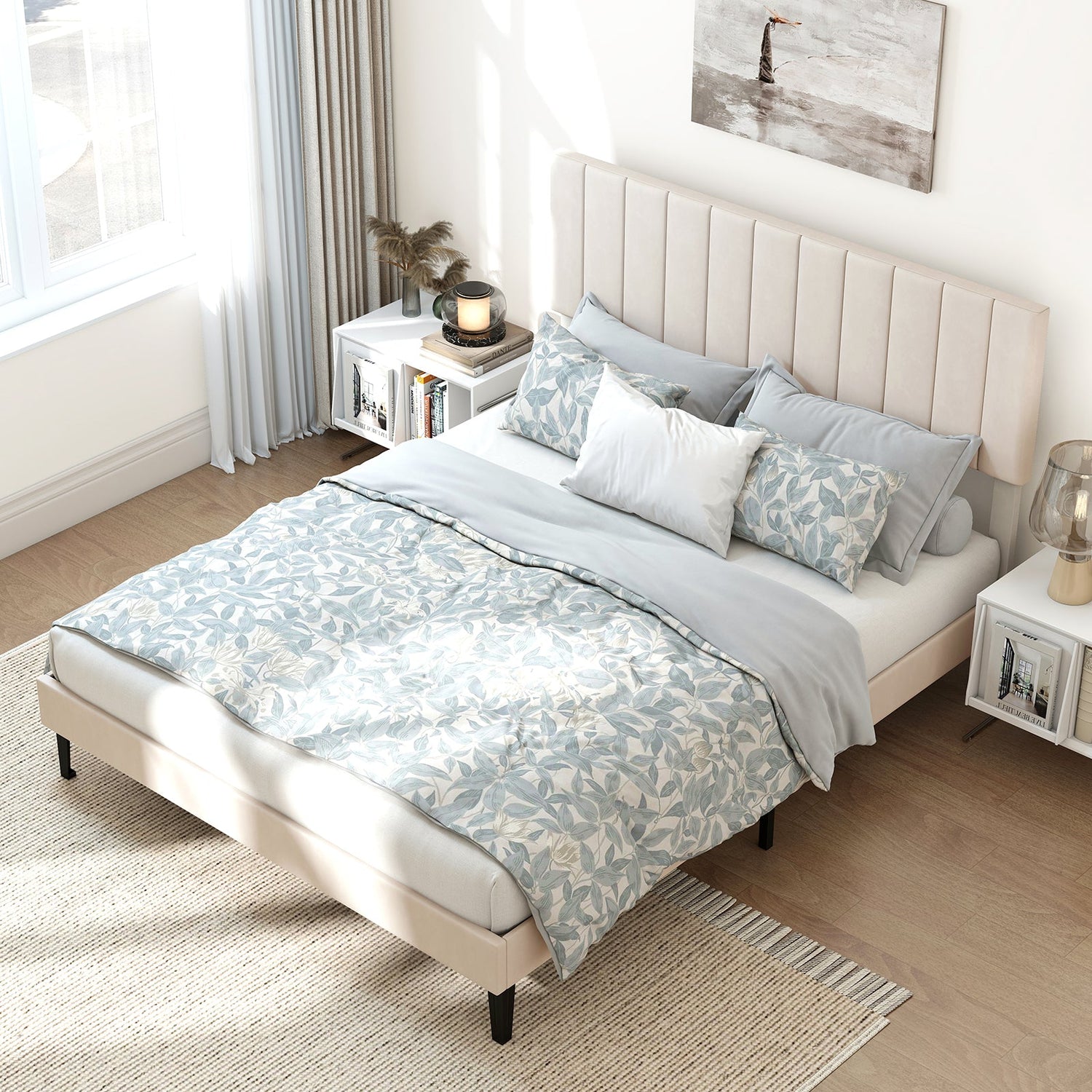 Base de cama de plataforma tapizada en terciopelo tamaño matrimonial