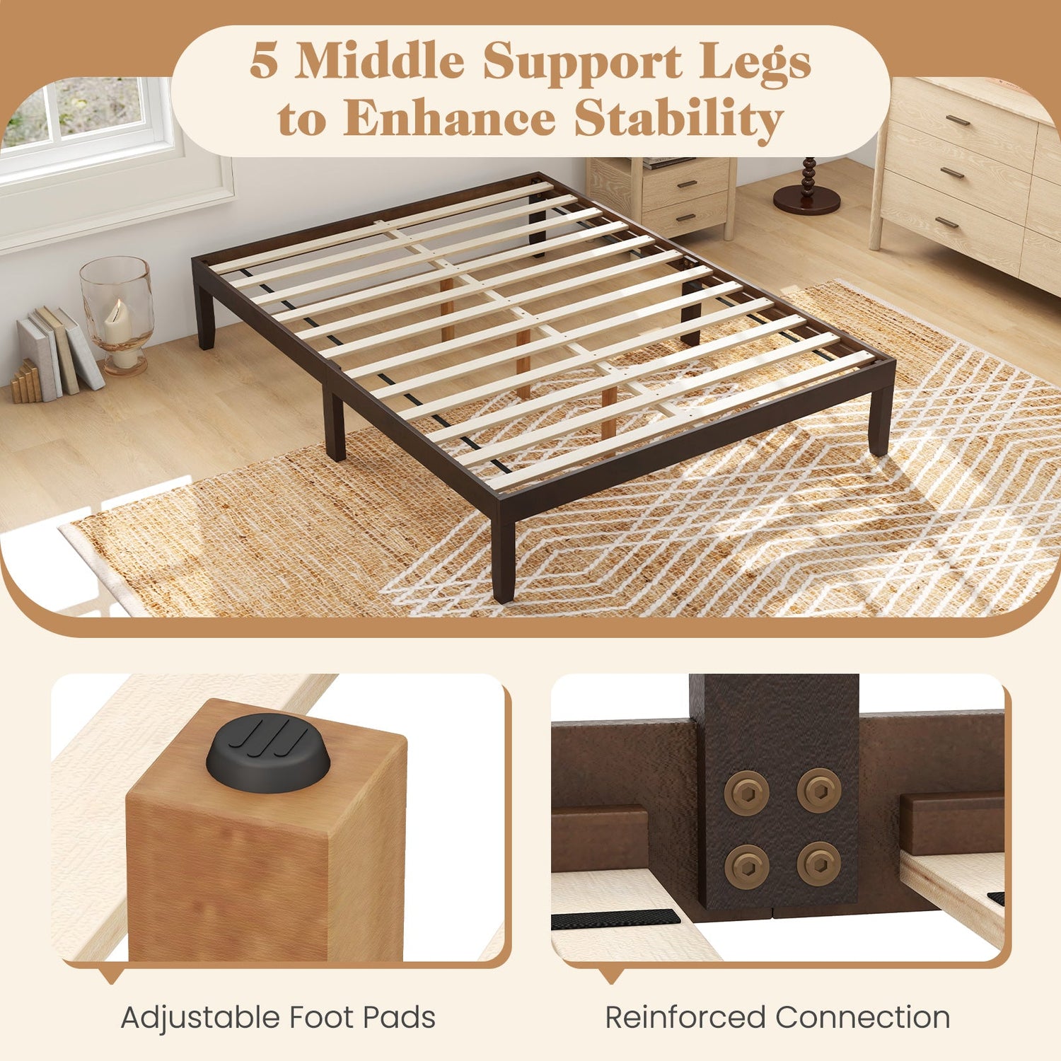 Queen Size Wood Bed Frame with Wooden Slats Support and Rubber Wood Legs