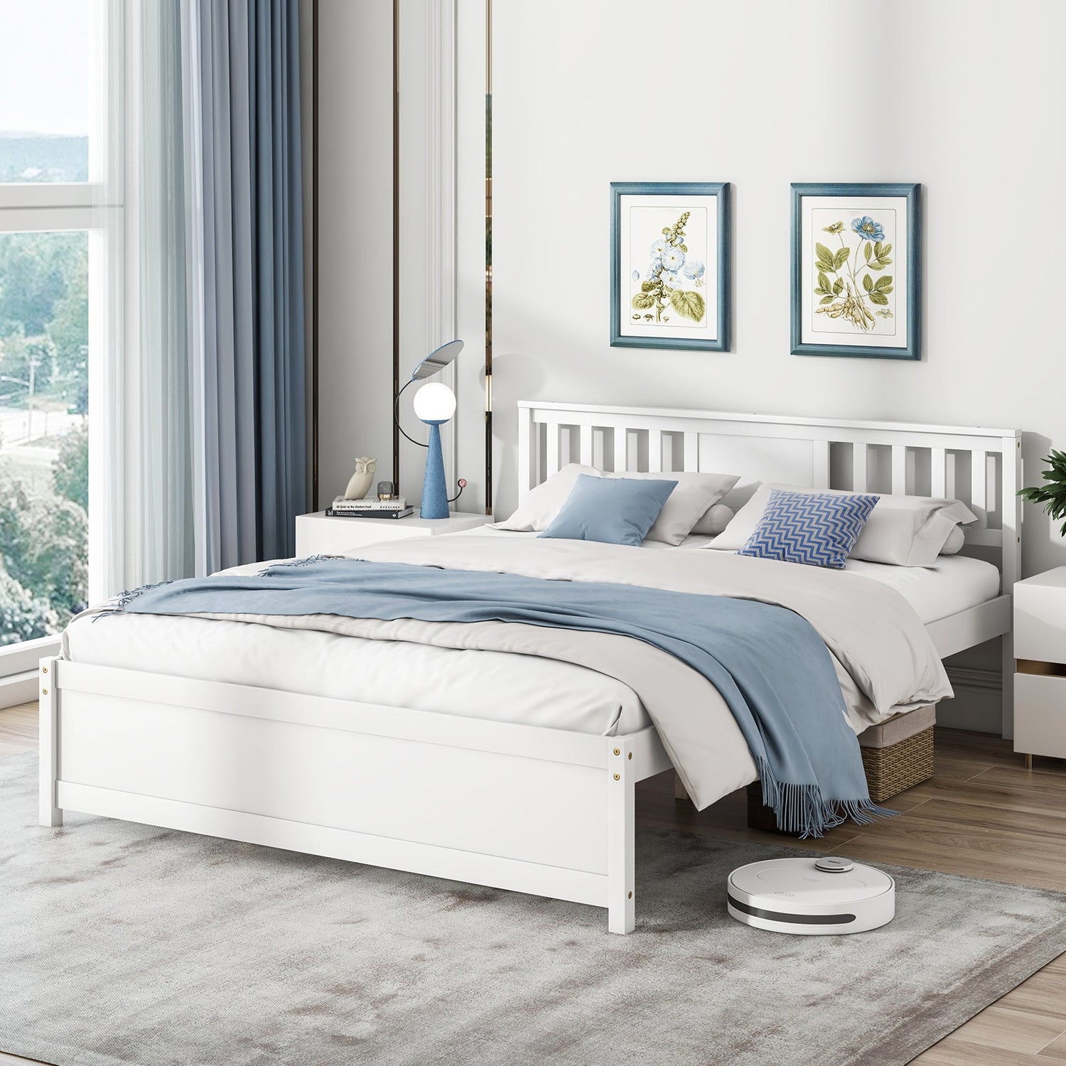 Wooden Platform Bed with Headboard and Wood Slat Support White