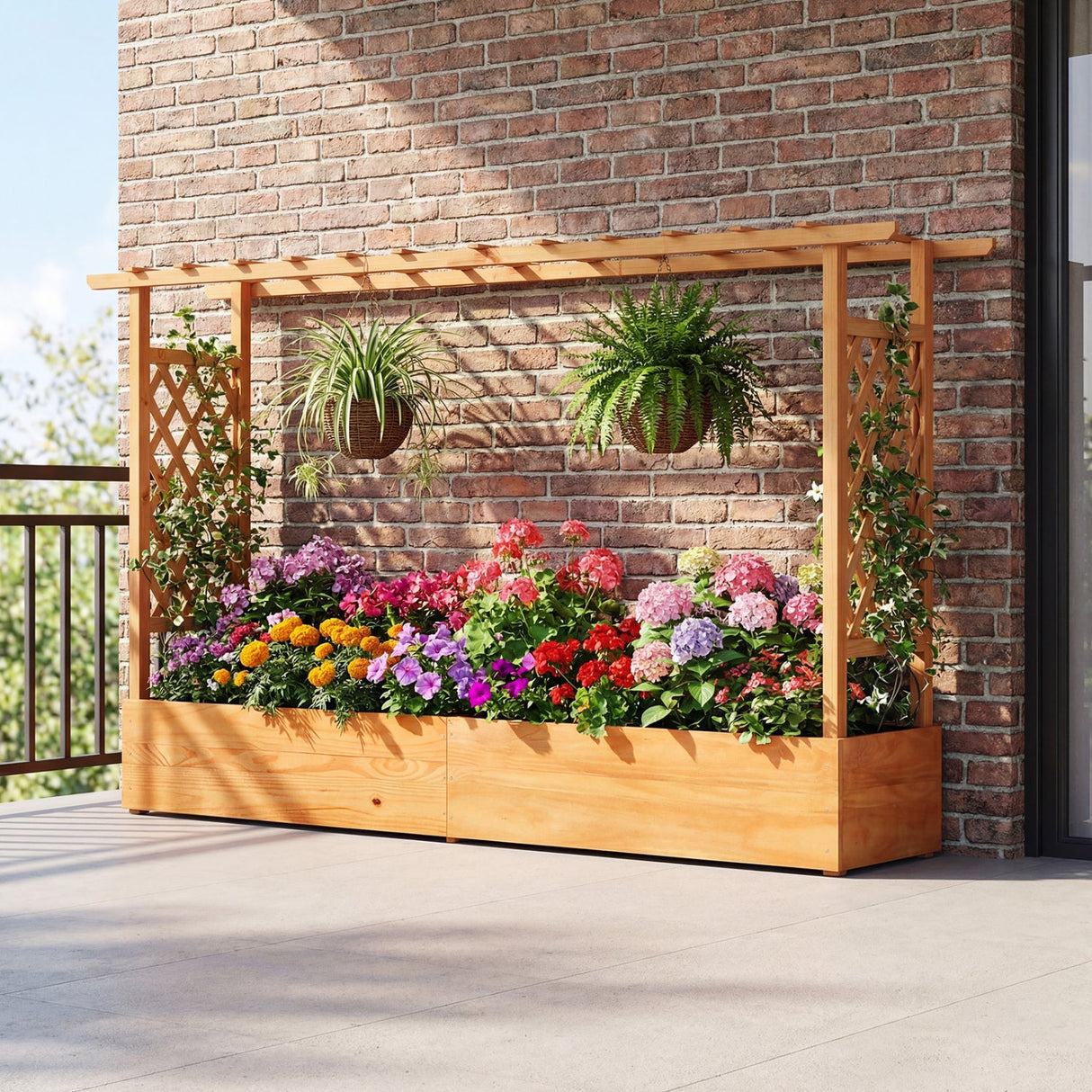 Jardinera elevada con celosía y orificios de drenaje