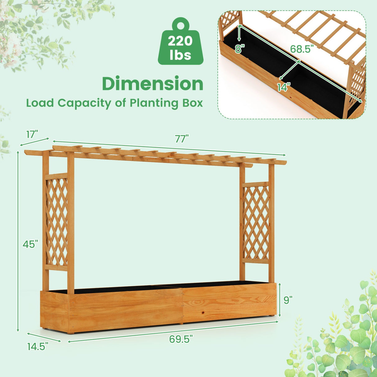 Jardinera elevada con celosía y orificios de drenaje