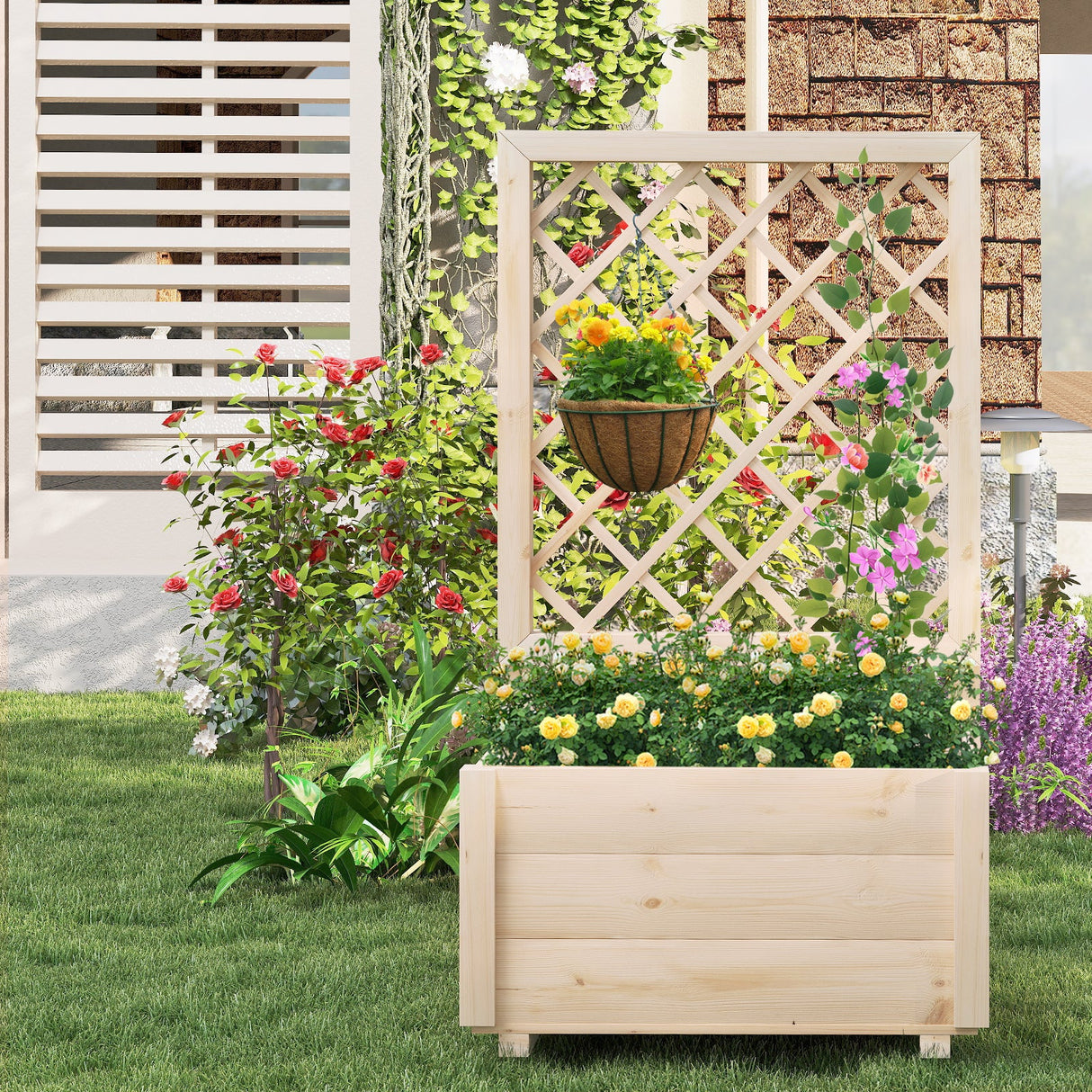 Cama de jardín elevada, macetero de madera elevado con enrejado de celosía-P