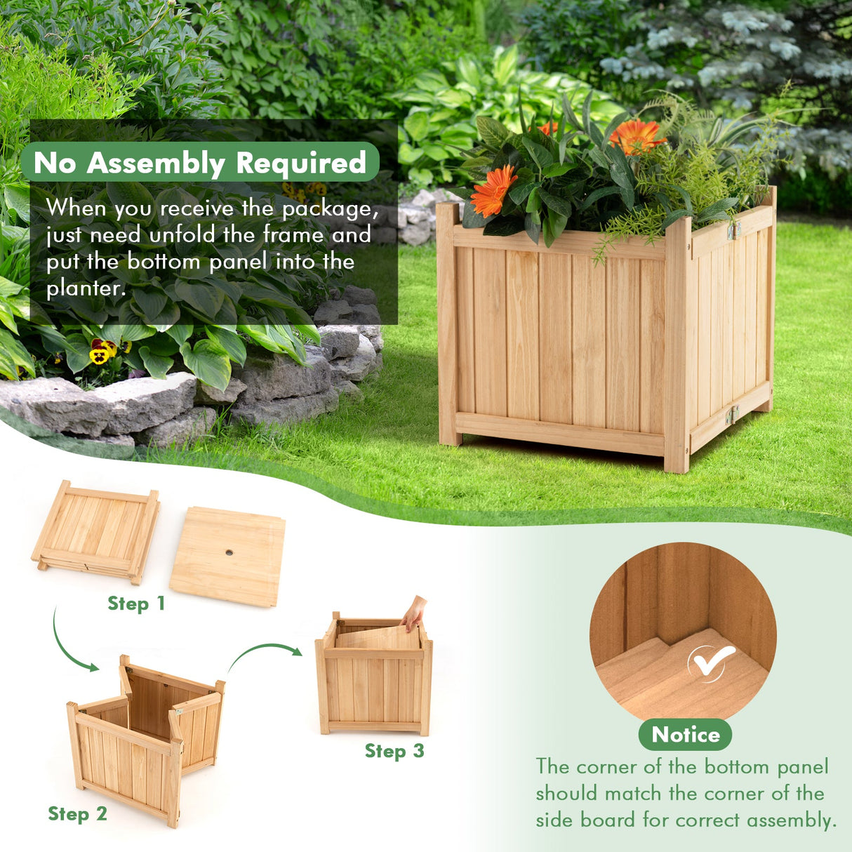 Maceta Elevada Cuadrada Plegable de Madera de Abeto con Base Removible