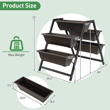 Cama de cultivo vertical de 3 niveles con 5 jardineras